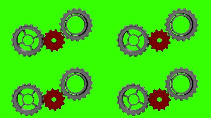 齿轮和车轮在绿色屏幕上转动
