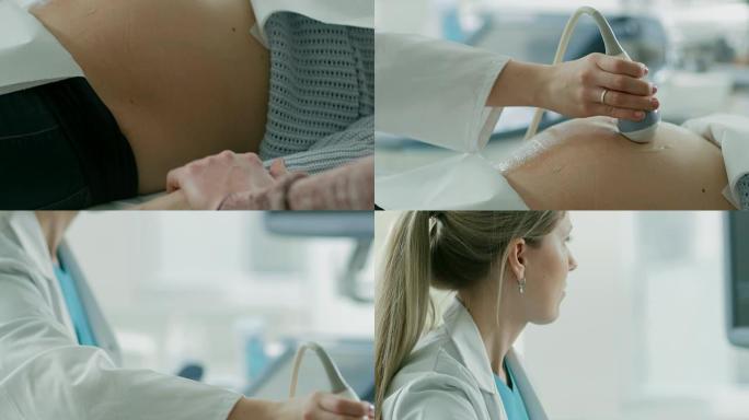 在医院，医生对孕妇进行超声/超声扫描的特写镜头。产科医生在未来母亲的腹部移动换能器。支持丈夫握着妻子