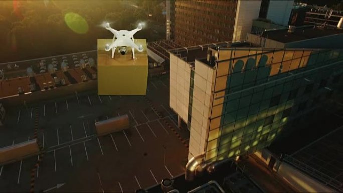 空中拍摄的无人机在市区上空运送包裹。