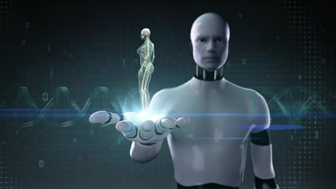 机器人开放手掌，人体骨骼结构，骨骼系统，蓝色x射线。