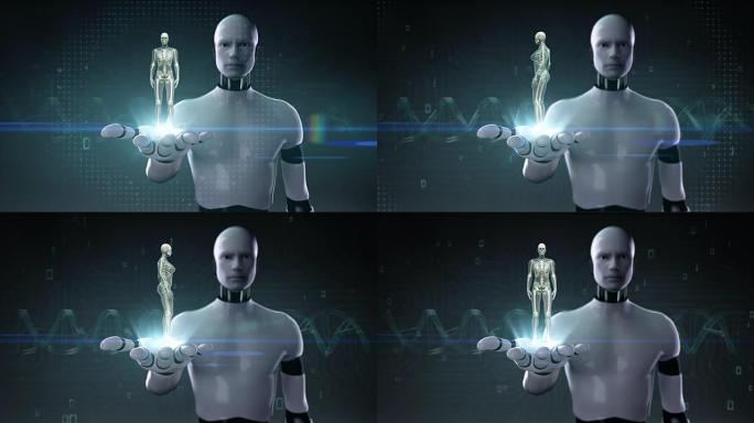 机器人开放手掌，人体骨骼结构，骨骼系统，蓝色x射线。