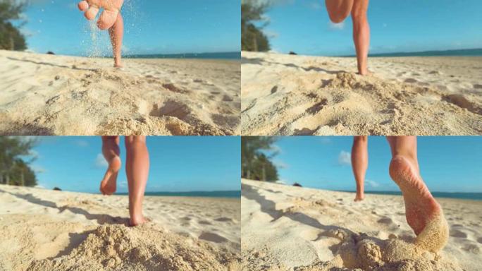 特写，dop: 当女孩沿着海洋奔跑时，沙粒飞过海滩。