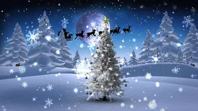 圣诞老人和他的雪橇飞过白雪皑皑的圣诞树