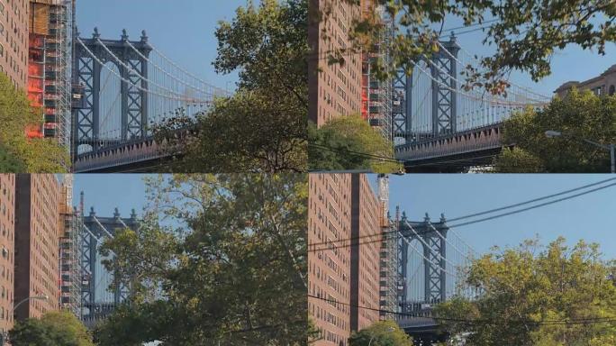 特写: 在纽约著名的曼哈顿大桥旁边建造住宅公寓