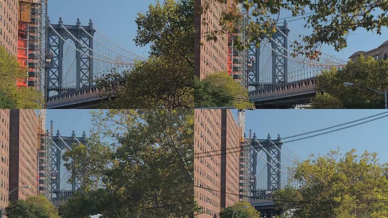 特写: 在纽约著名的曼哈顿大桥旁边建造住宅公寓