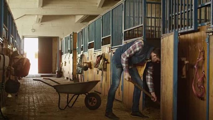 男人正在用干草叉清理干草中的马stable。