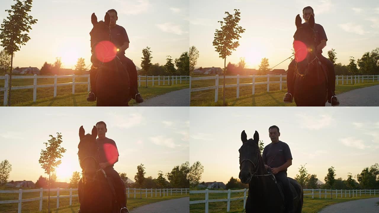 日落时分，老人骑马沿着小径骑着美丽的马