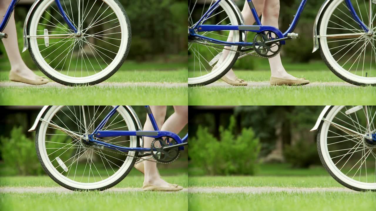 有女人脚的自行车轮胎