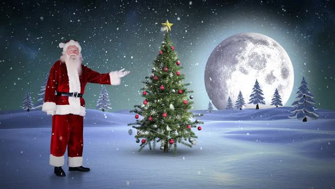 圣诞老人站在北极展示圣诞树