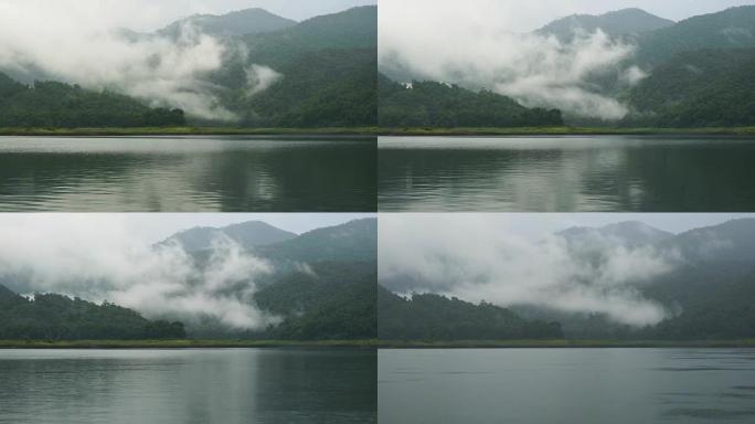 湖景的时间流逝，山上有雾。