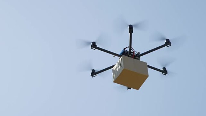 特写: 直升机无人机运送未来派包裹。空运货物