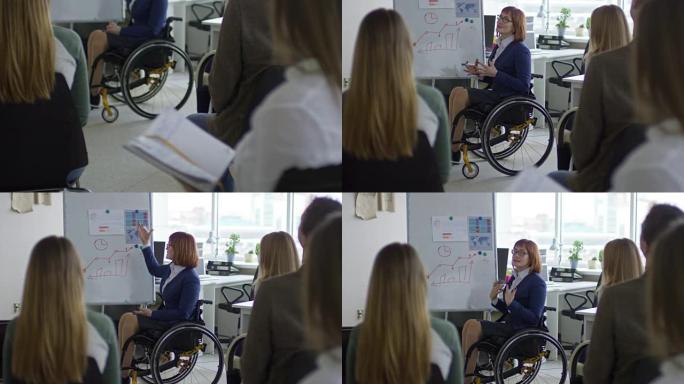 轮椅上的残疾女商人指导办公室工作人员