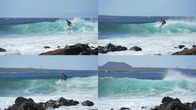 慢动作: 冲浪者在加那利群岛骑着美丽的蓝浪
