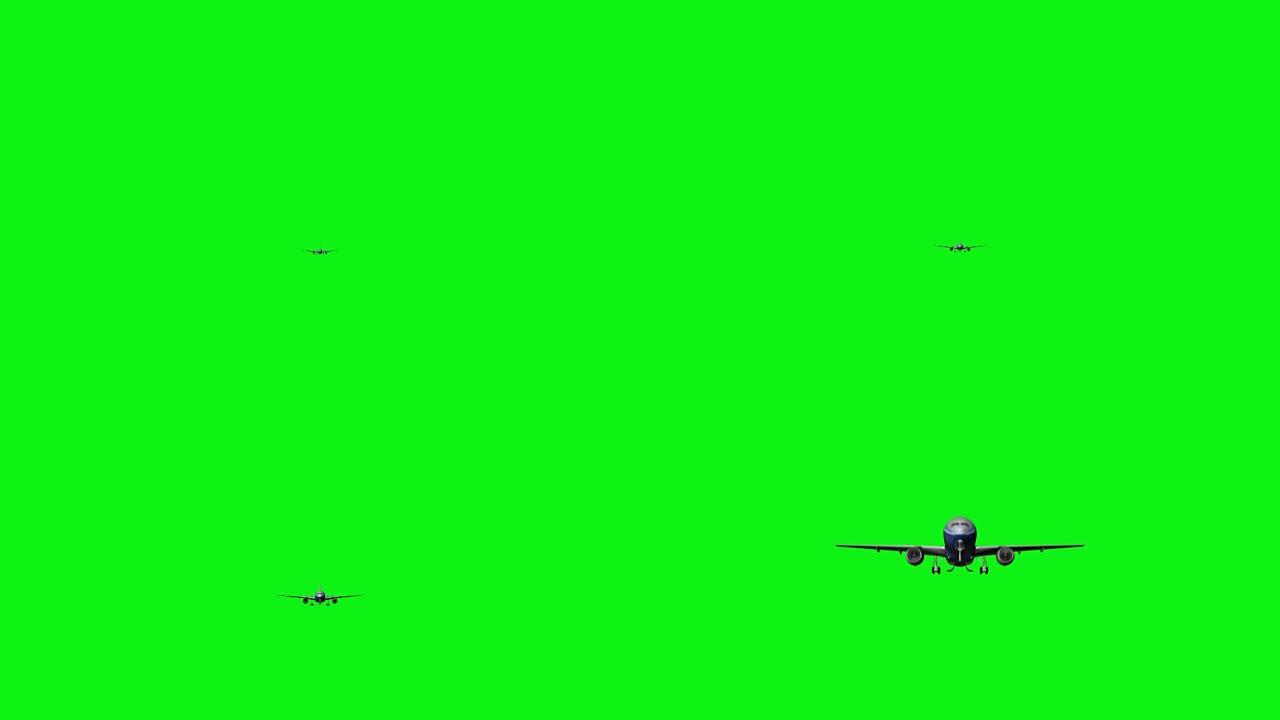 绿屏飞行的巨型喷气式飞机的计算机渲染。