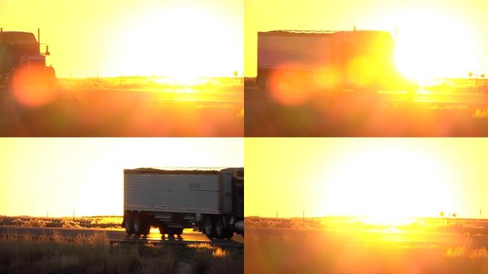 慢动作: 阳光明媚的早晨，货运集装箱半卡车在道路上行驶