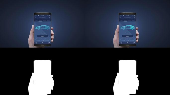 触摸手机屏幕上的未来汽车管理应用程序，电子汽车检查电池，汽车信息。