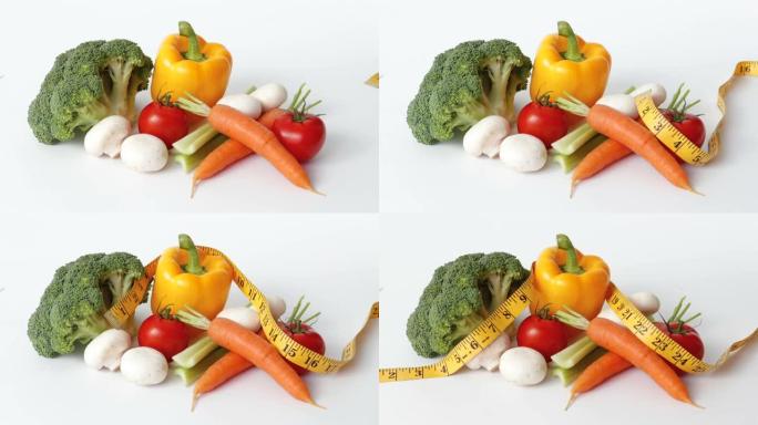 新鲜蔬菜和卷尺的停止运动序列