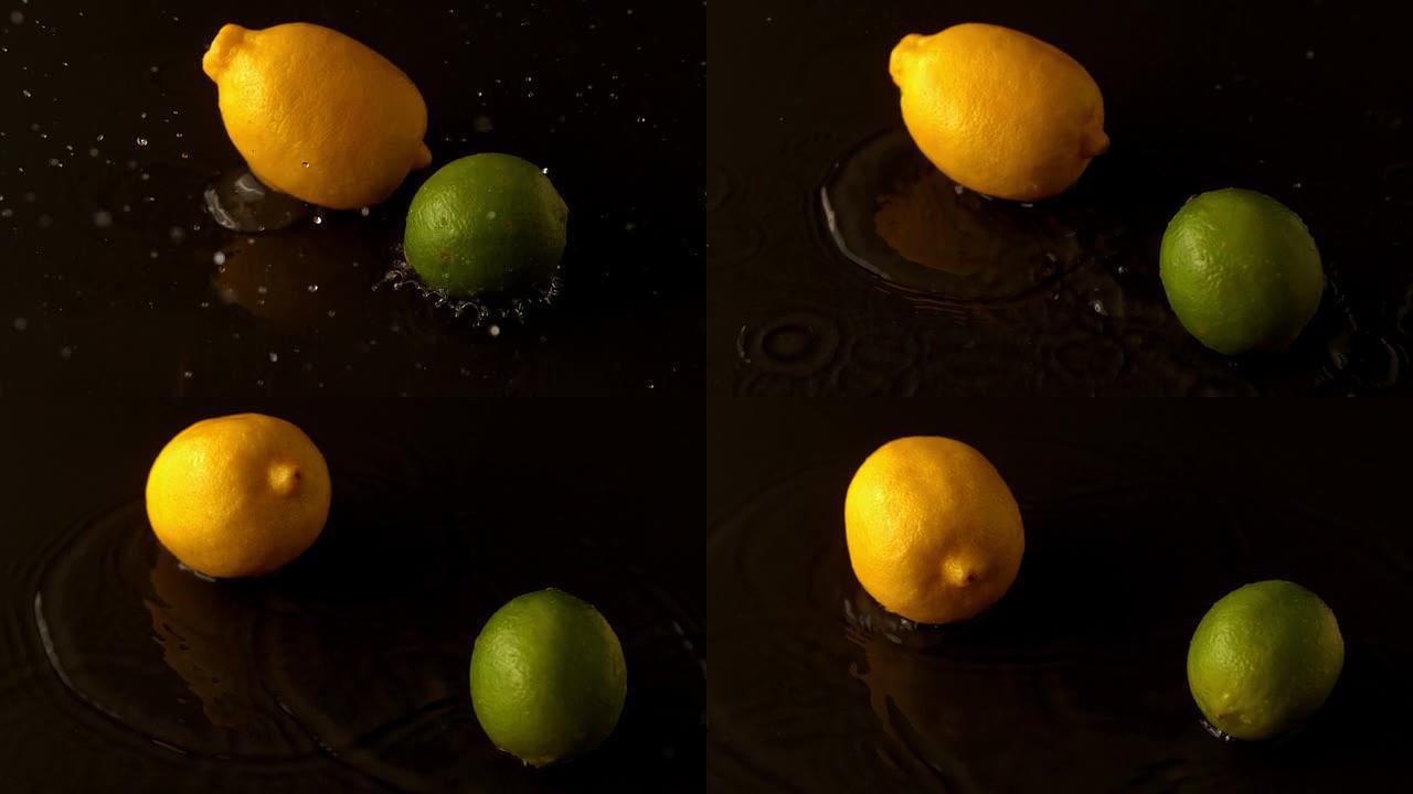 柠檬和酸橙滴在潮湿的黑色表面上
