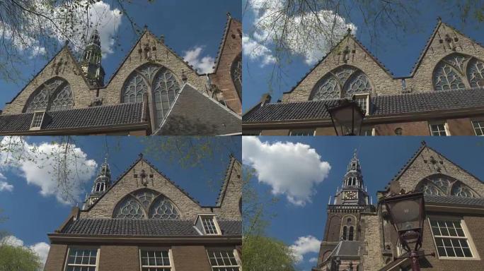 特写: 美丽的建筑和大教堂Oude Kerk的详细装饰品