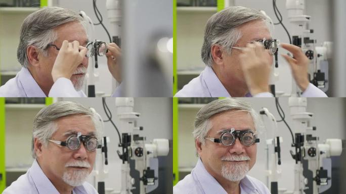 验光师为高级男性提供一副验光眼镜