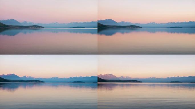 新西兰坎特伯雷日出时的Tekapo湖风景，时间流逝运动
