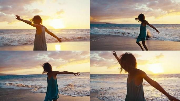美丽的年轻女子穿着太阳裙在日落时在海滩上慢动作旋转