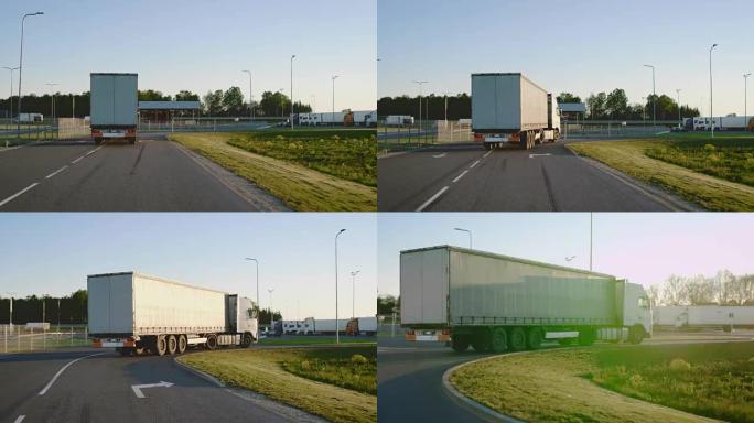 半卡车的后续镜头，货物拖车在高速公路上左转。卡车移至卸货仓库区域。