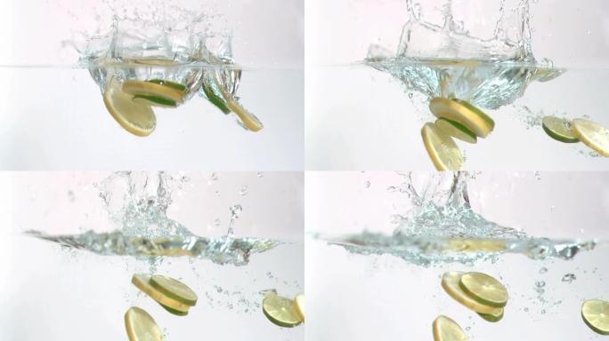 柠檬片以超慢动作落入水中