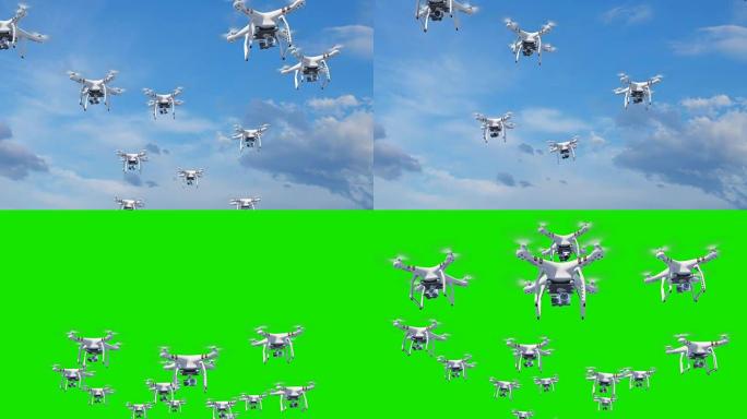 许多四轴飞行器在云中飞行，用相机拍摄。带有绿色屏幕和Alpha蒙版的循环3d动画。框架92-195是