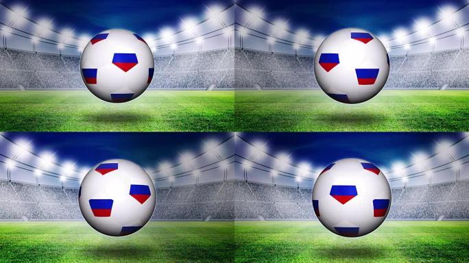 足球条纹俄罗斯国旗在晚上在体育场的草地上滚动