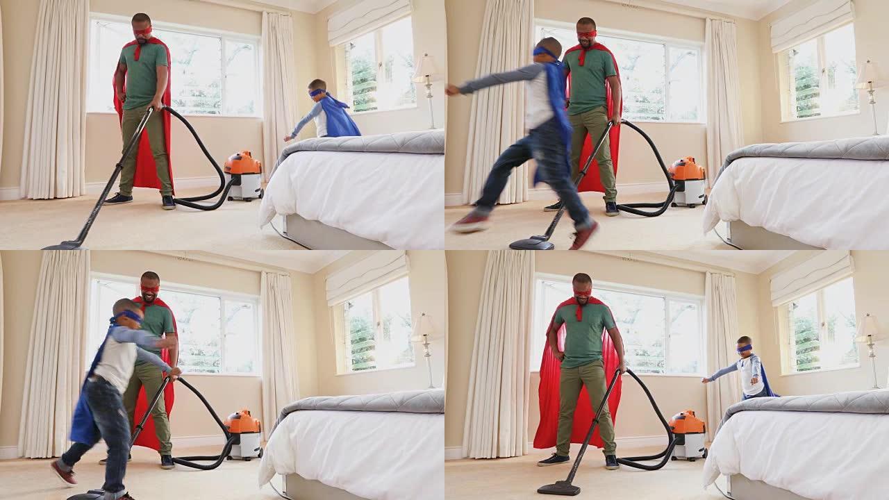 假装超级英雄4k时带吸尘器的父子清洁室