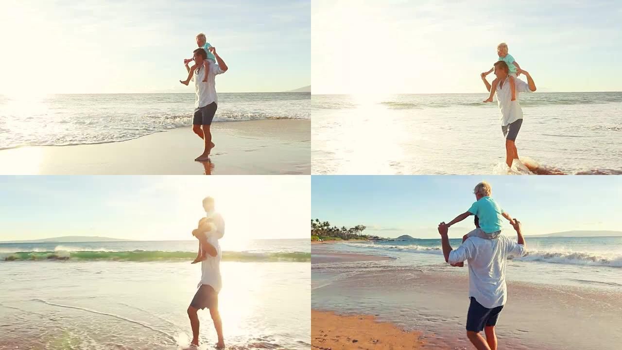 日落时，父亲背着儿子在沙滩上散步。