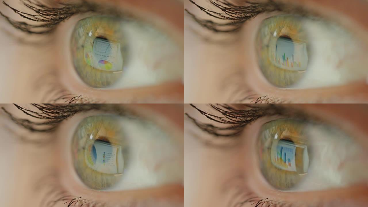 宏特写图表和从屏幕反射到眼睛表面的图形。