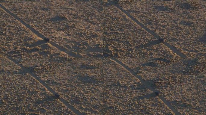 空中黑色越野车行驶在泥泞的道路上，穿过茂密的沙漠在傍晚