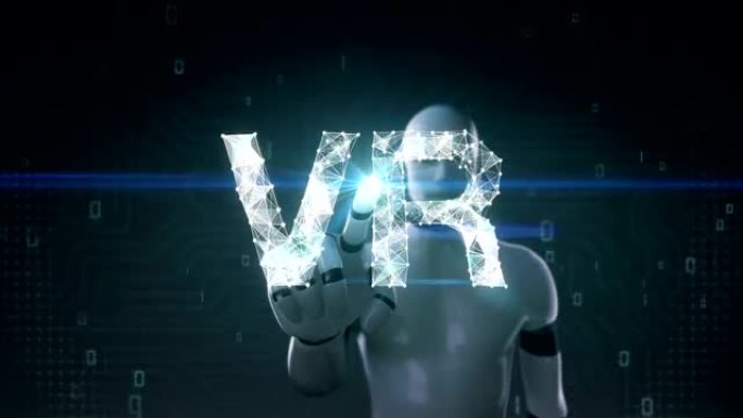 机器人，半机械人触摸屏幕，无数点聚集在一起创建VR标志，虚拟现实概念，低多边形网络。