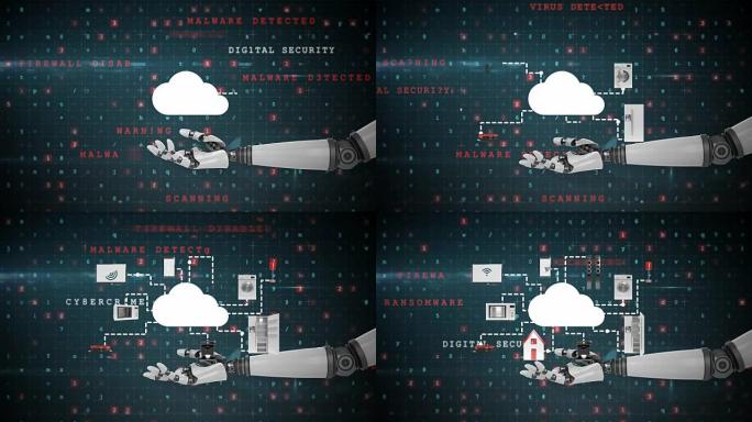 机器人手呈现数字云符号，周围环绕着家电图标