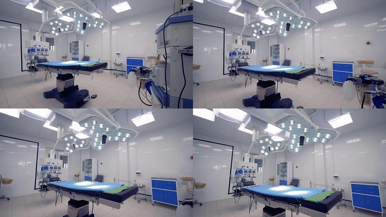 Steadicam拍摄了手术室，里面装有医疗设备。4K。