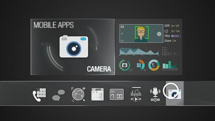 移动应用程序内容的相机图标。智能设备的各种应用程序功能。数字显示应用程序。