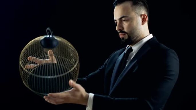 专业魔术师在黑色西装表演鸟(白鹦鹉)出现在一个空笼子戏法。背景是黑色的。
