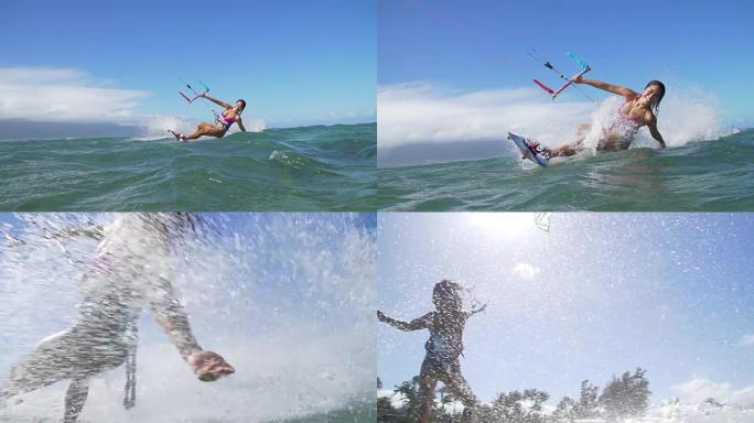 亚洲女子在海洋中的风筝冲浪，极限夏季运动