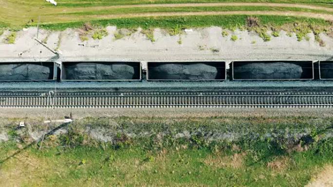 装有煤的马车在铁路上行驶，俯视图。