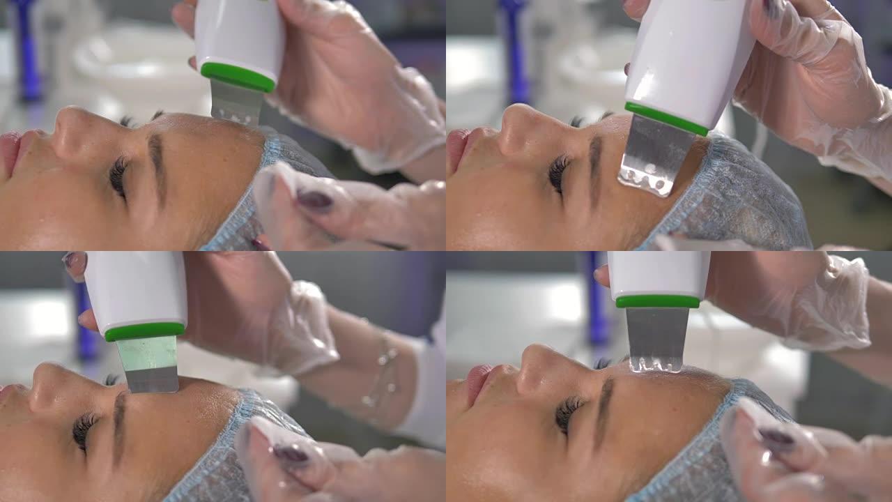 面部皮肤机械治疗过程的特写。