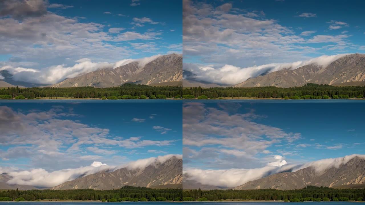 在新西兰坎特伯雷的Tekapo湖上，云层流过的时间流逝