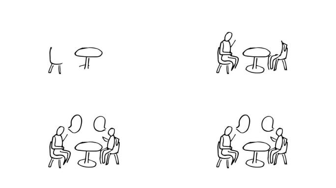 坐在办公桌前慢慢出现的人聊天的动画