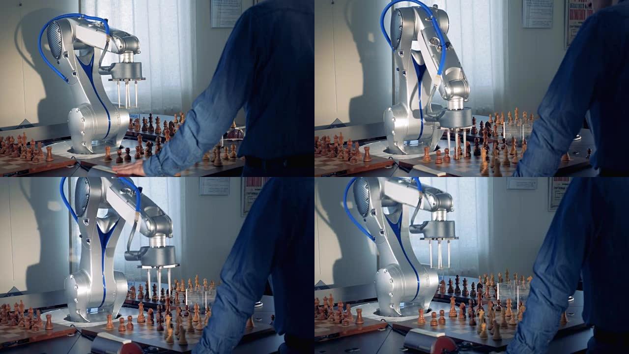机械手，机械臂和一个人下棋。未来主义概念。