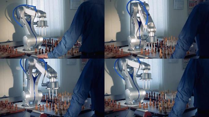 机械手，机械臂和一个人下棋。未来主义概念。