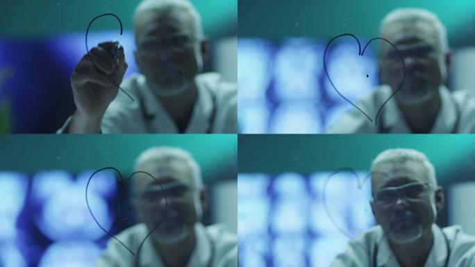 科学家正在用玻璃上的标记画心脏。在4k (UHD) 的红色电影相机上拍摄。