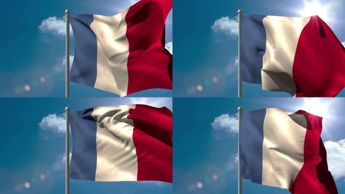 法国国旗在旗杆上挥舞