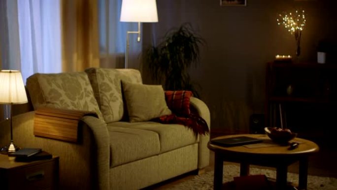 晚上客厅的长镜头。灯亮着，颜色柔和舒适。