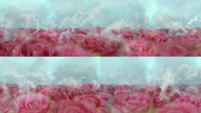 绽放玫瑰园-云朵/玫瑰/云朵/浅蓝色（无缝可循环）